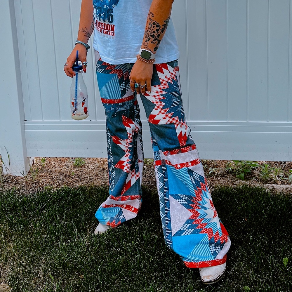 Red white and blue Aztec wrangler flare jeans. So flattering. True Jean